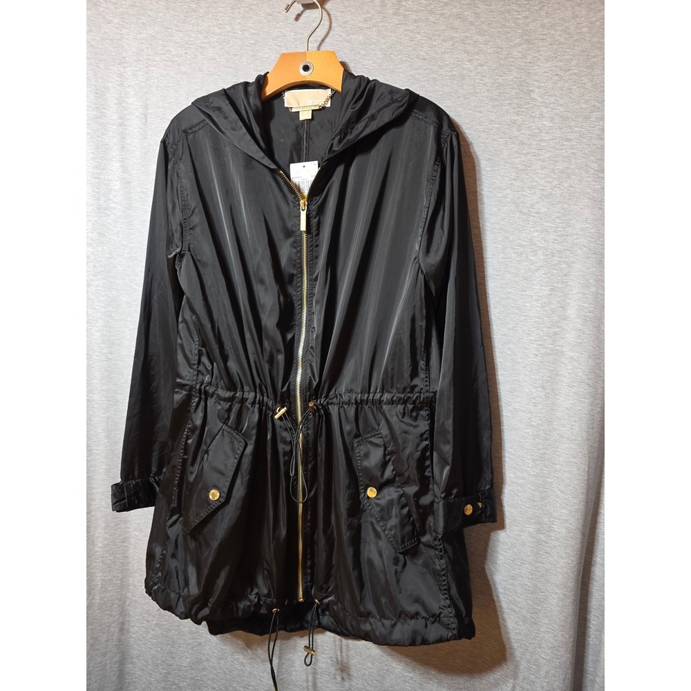 Michael Kors Womens Black Hooded Windbreaker Anorak Jacket Gold Zip QS02B3K923 M